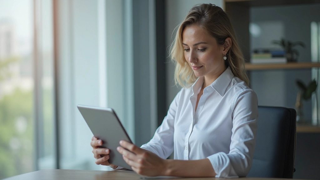Профессиональная женщина с планшетом анализирует данные о развитии бизнеса